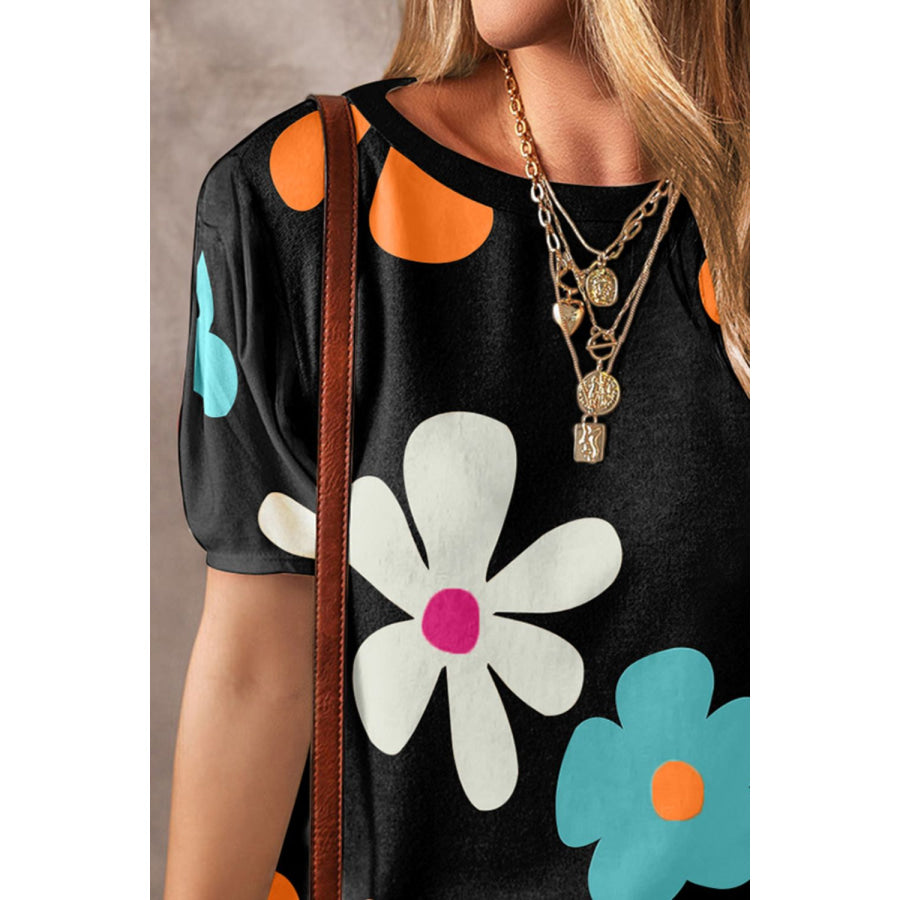 Flower Round Neck Short Sleeve Blouse Apparel and Accessories