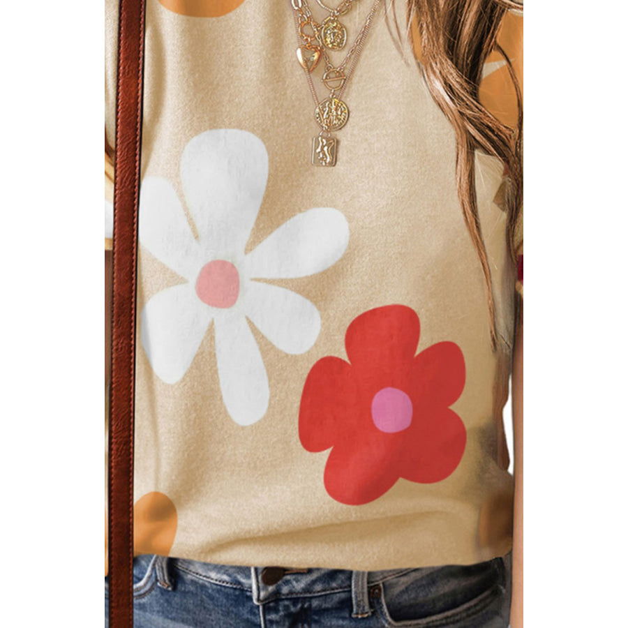 Flower Round Neck Short Sleeve Blouse Apparel and Accessories