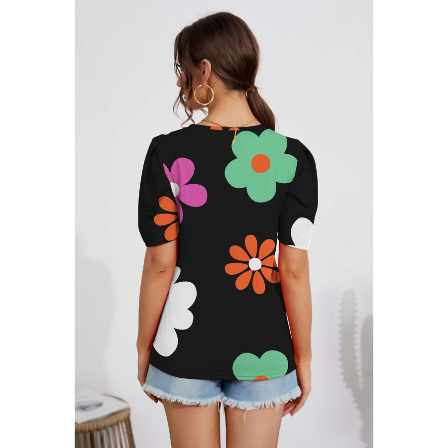 Flower Round Neck Short Sleeve Blouse Apparel and Accessories