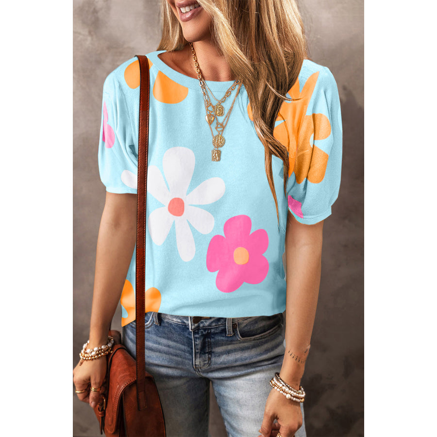 Flower Round Neck Short Sleeve Blouse Apparel and Accessories
