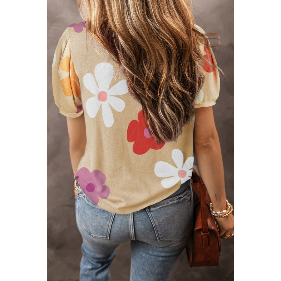 Flower Round Neck Short Sleeve Blouse Apparel and Accessories