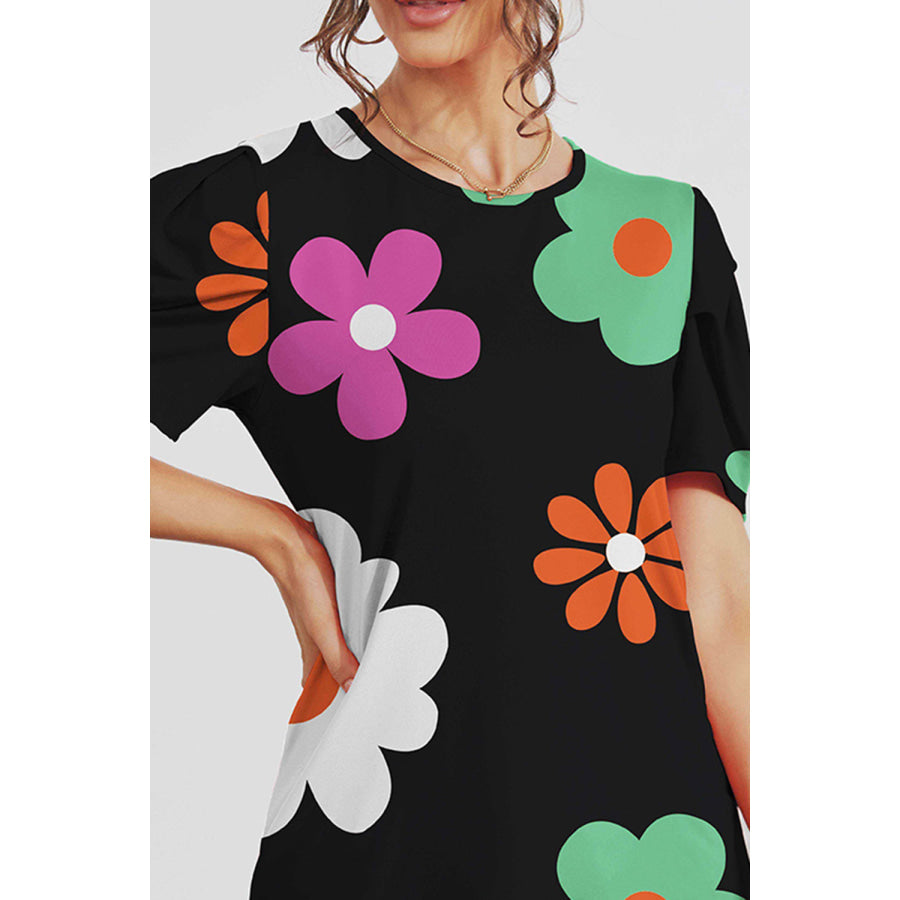 Flower Round Neck Short Sleeve Blouse Apparel and Accessories