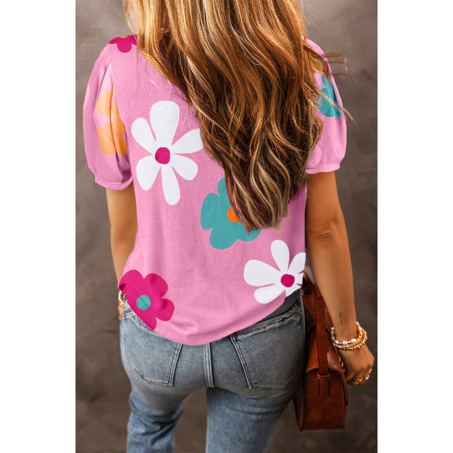 Flower Round Neck Short Sleeve Blouse Apparel and Accessories