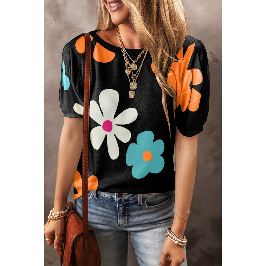 Flower Round Neck Short Sleeve Blouse Black / S Apparel and Accessories