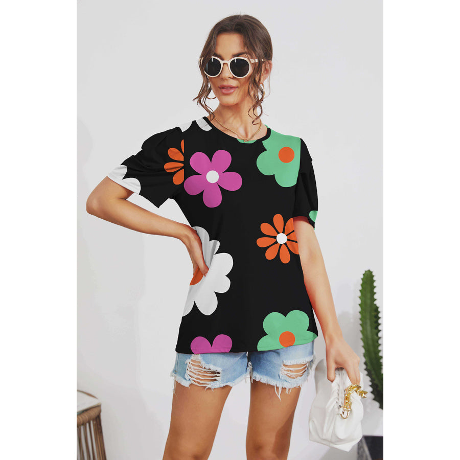 Flower Round Neck Short Sleeve Blouse Black / S Apparel and Accessories