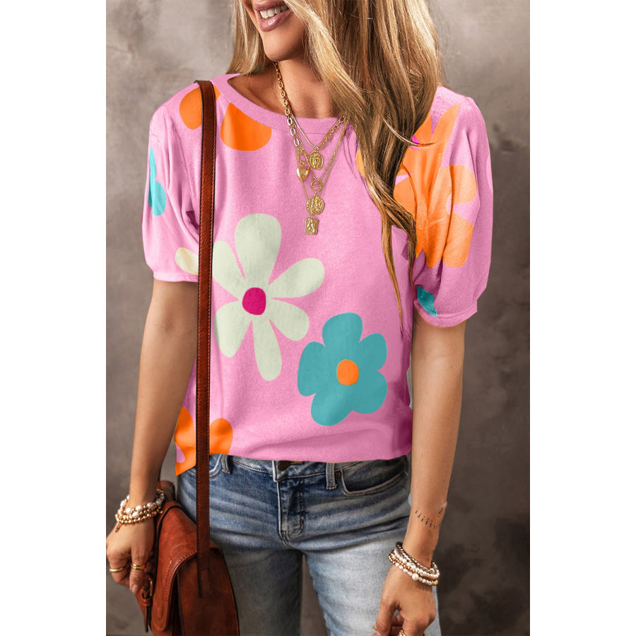 Flower Round Neck Short Sleeve Blouse Carnation Pink / S Apparel and Accessories