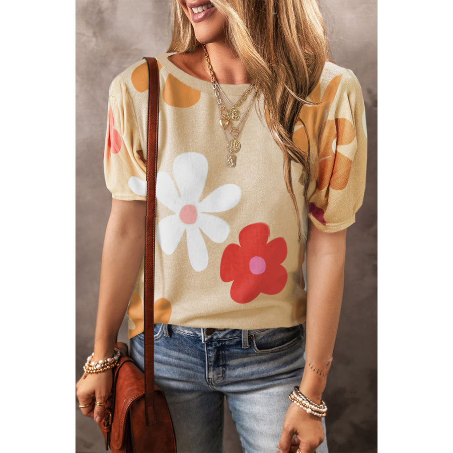 Flower Round Neck Short Sleeve Blouse Sand / S Apparel and Accessories