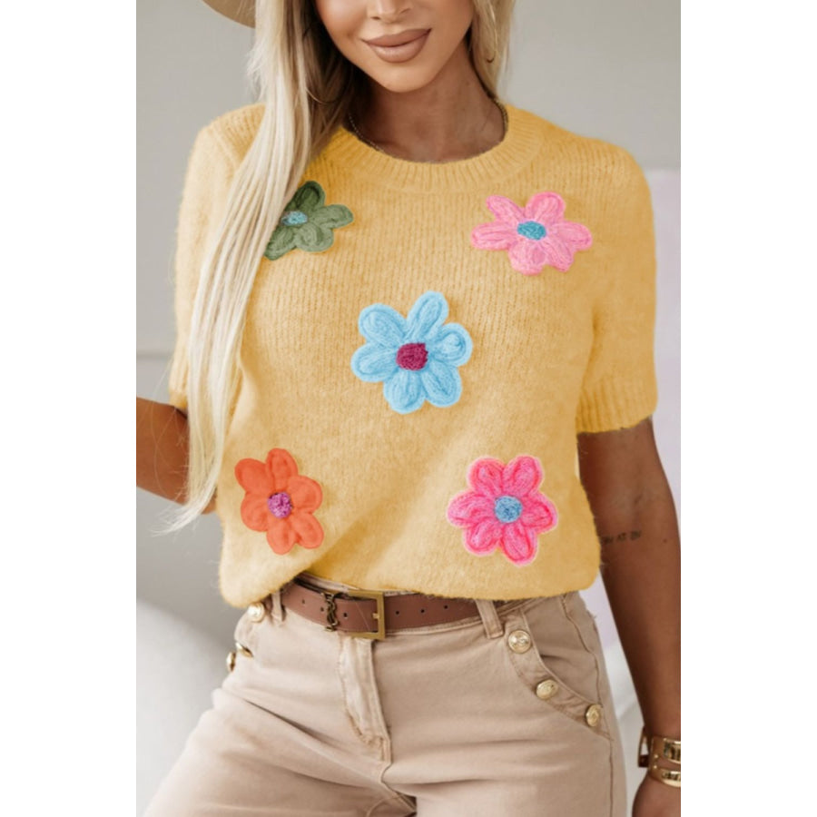 Flower Round Neck Short Sleeve Sweater Pastel Yellow / S Apparel and Accessories