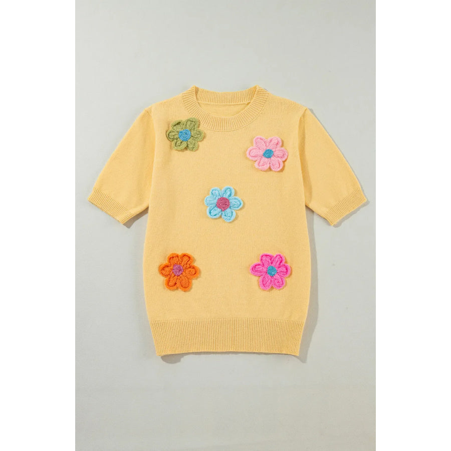 Flower Round Neck Short Sleeve Sweater Pastel Yellow / XL Apparel and Accessories