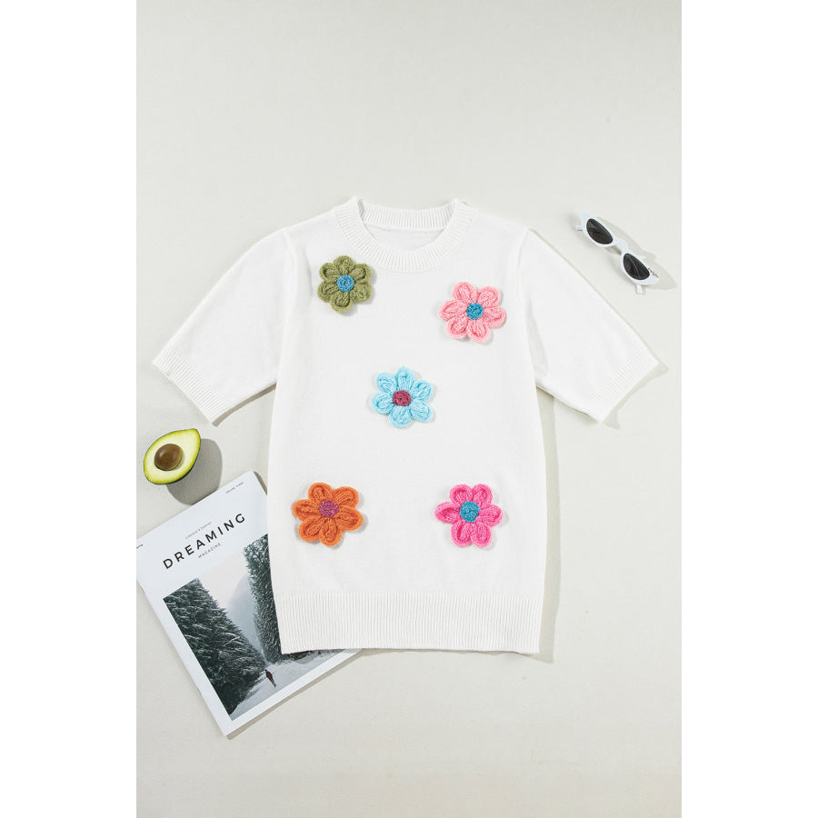 Flower Round Neck Short Sleeve Sweater White / S Apparel and Accessories