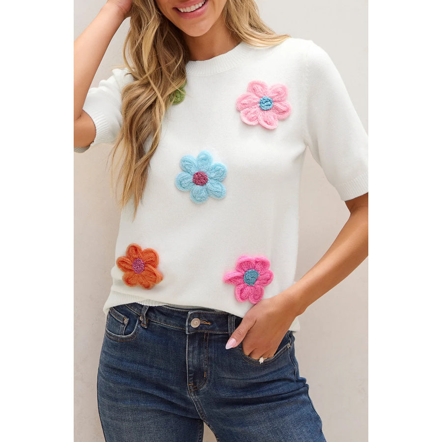 Flower Round Neck Short Sleeve Sweater White / XL Apparel and Accessories