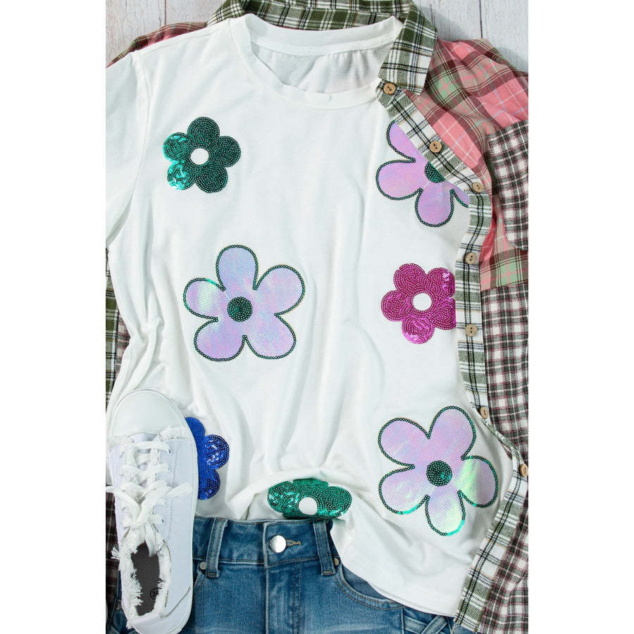 Flower Round Neck Short Sleeve T - Shirt Apparel and Accessories