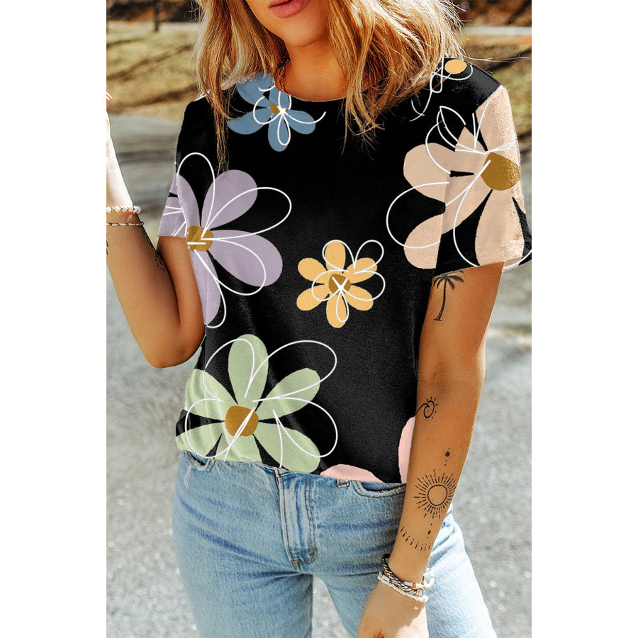 Flower Round Neck Short Sleeve T-Shirt Apparel and Accessories
