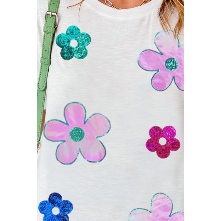Flower Round Neck Short Sleeve T - Shirt Apparel and Accessories