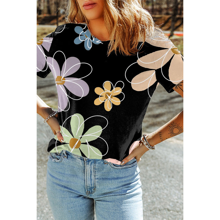 Flower Round Neck Short Sleeve T-Shirt Black / S Apparel and Accessories