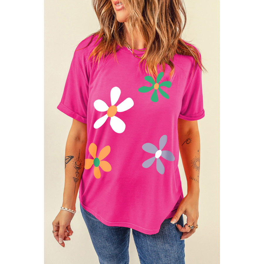 Flower Round Neck Short Sleeve T - Shirt Hot Pink / S Apparel and Accessories