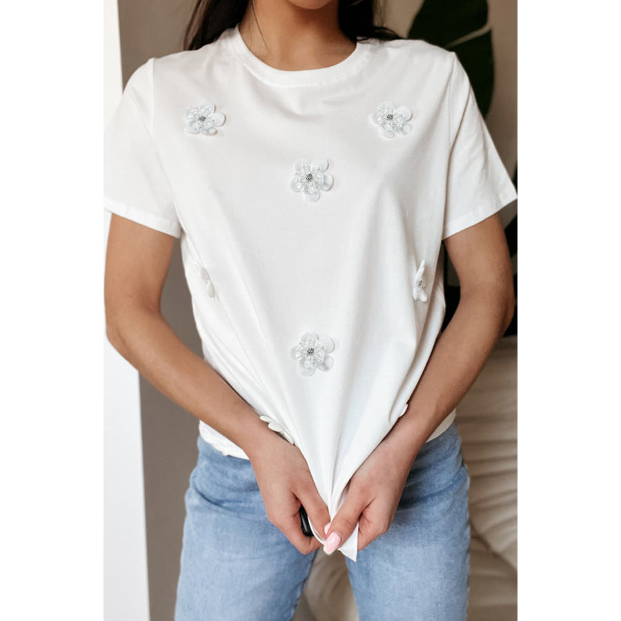 Flower Round Neck Short Sleeve T-Shirt White / S Apparel and Accessories