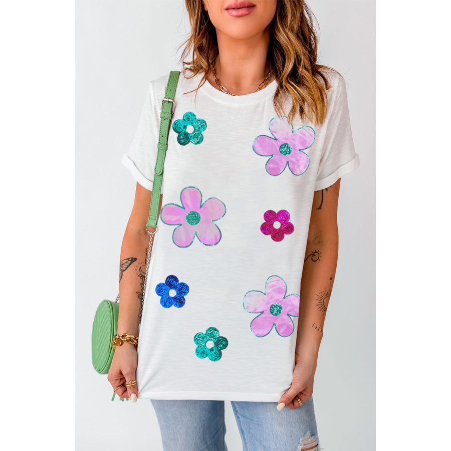 Flower Round Neck Short Sleeve T - Shirt White / S Apparel and Accessories
