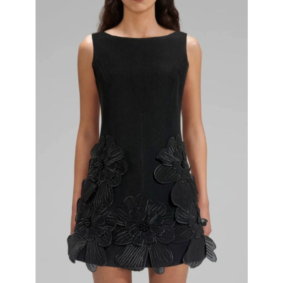 Flower Round Neck Sleeveless Dress Black / S Apparel and Accessories