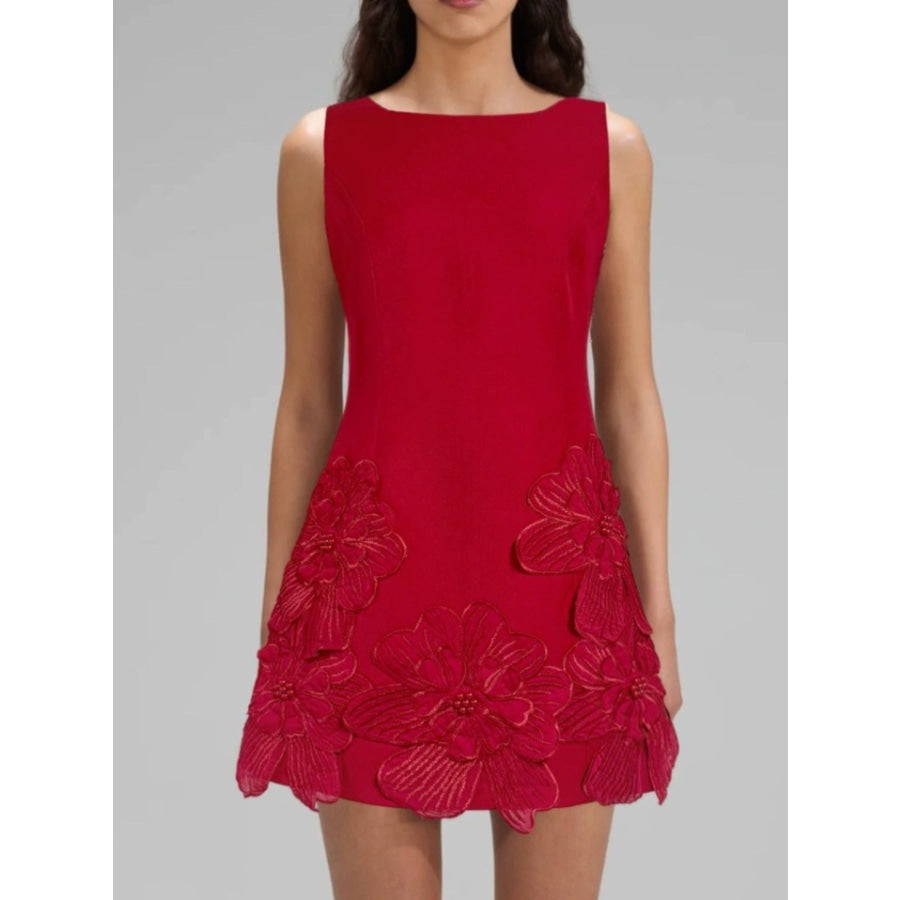 Flower Round Neck Sleeveless Dress Red / S Apparel and Accessories