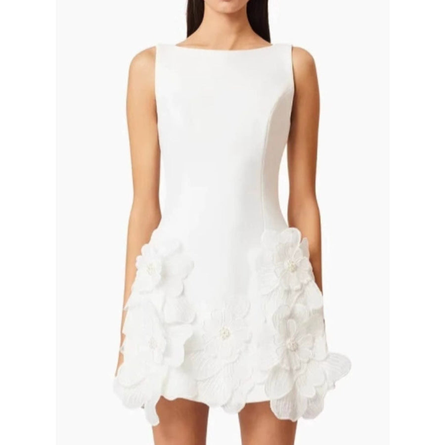 Flower Round Neck Sleeveless Dress White / S Apparel and Accessories