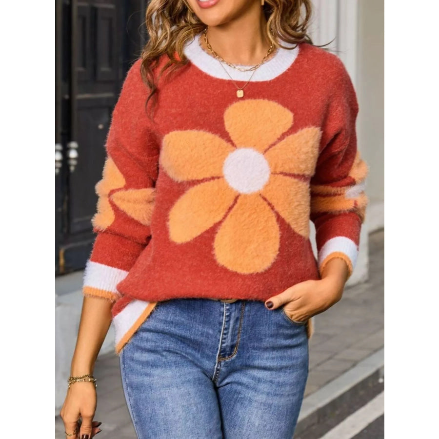 Flower Round Neck Sweater Apparel and Accessories