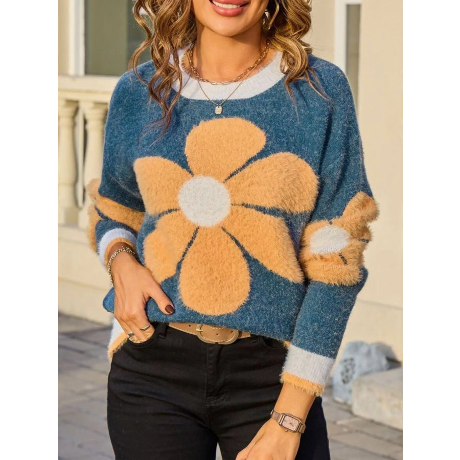 Flower Round Neck Sweater Apparel and Accessories