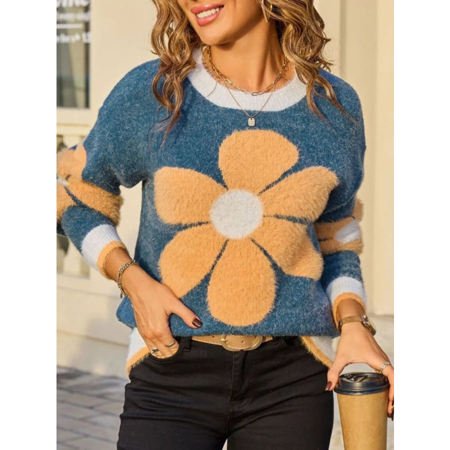 Flower Round Neck Sweater Apparel and Accessories