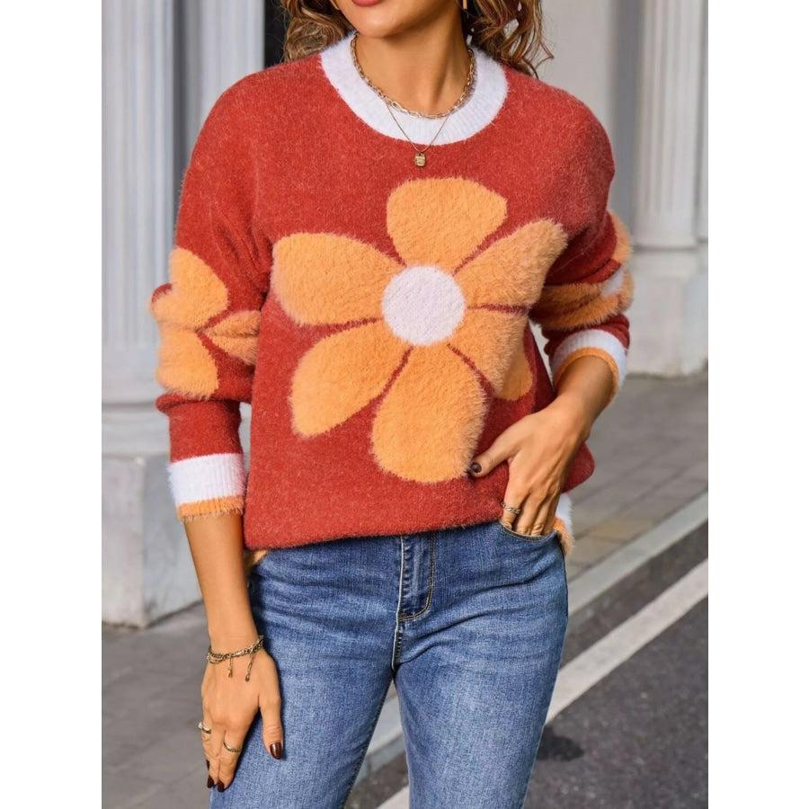 Flower Round Neck Sweater Apparel and Accessories