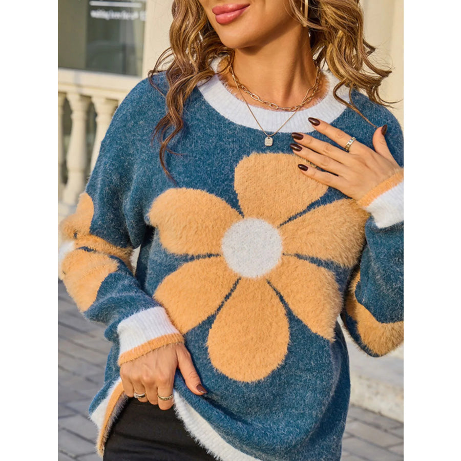 Flower Round Neck Sweater Apparel and Accessories