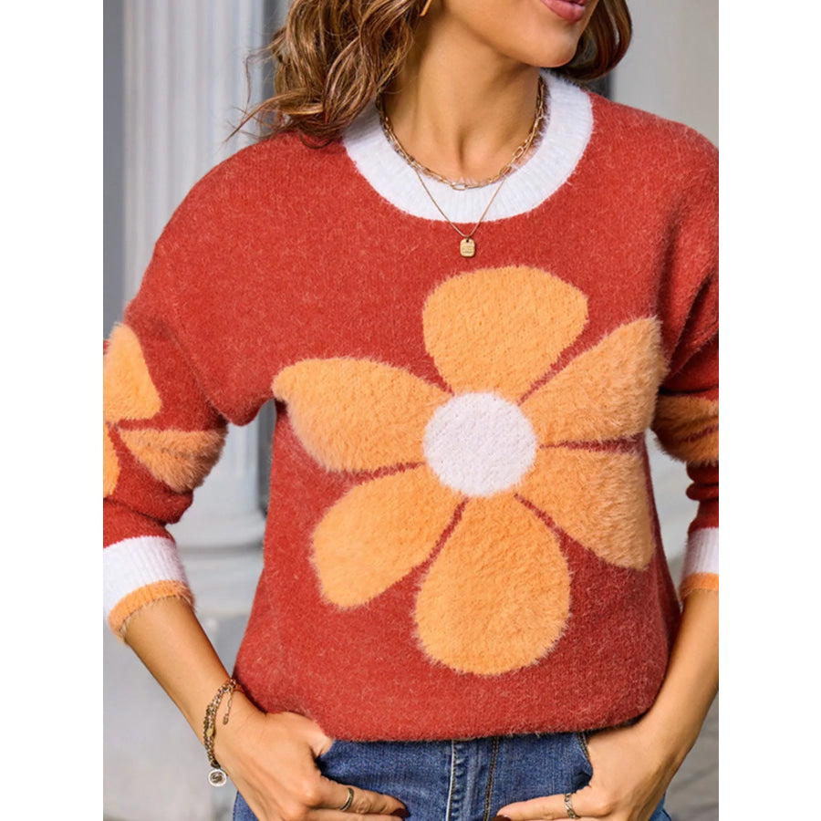 Flower Round Neck Sweater Apparel and Accessories