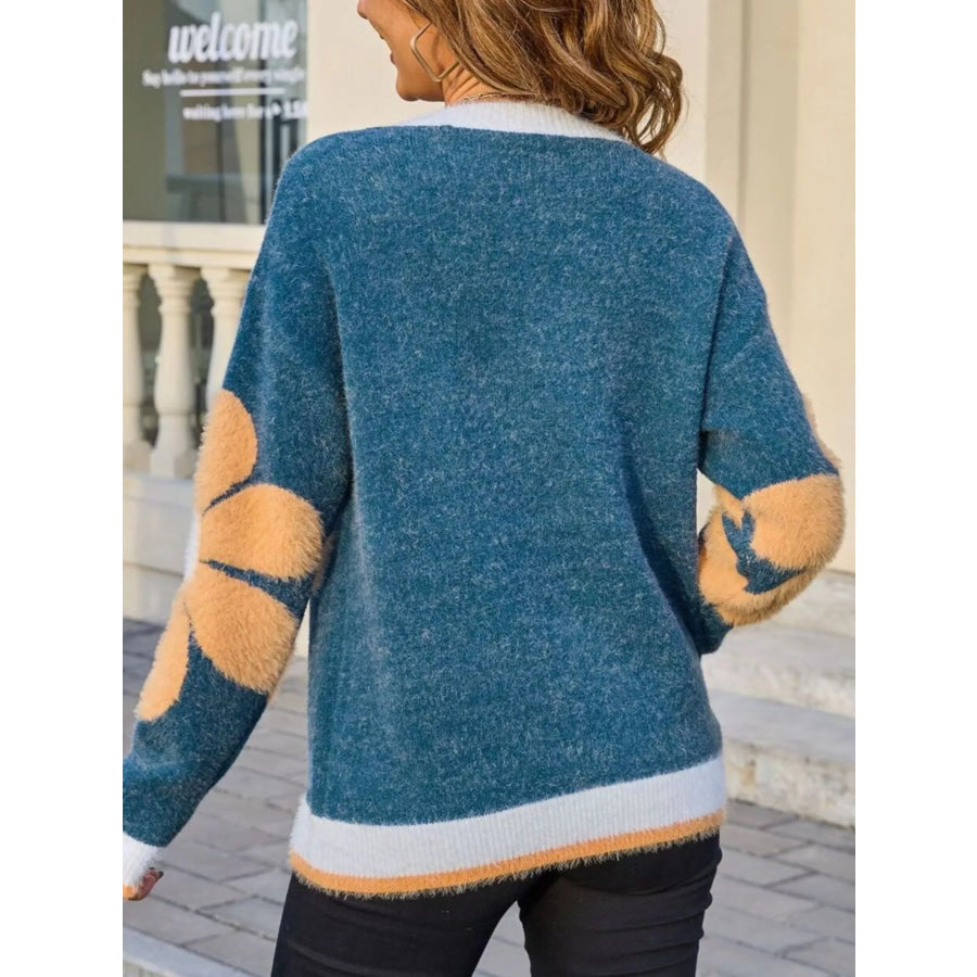Flower Round Neck Sweater Apparel and Accessories