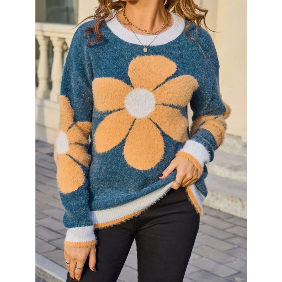 Flower Round Neck Sweater Apparel and Accessories