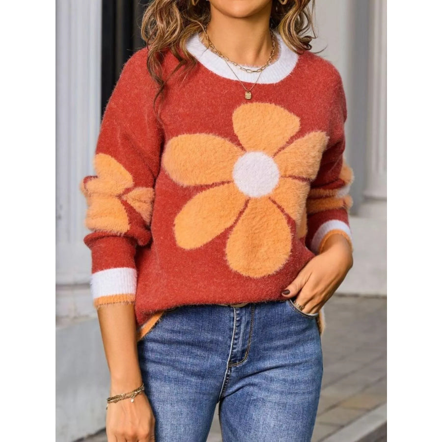 Flower Round Neck Sweater Apparel and Accessories