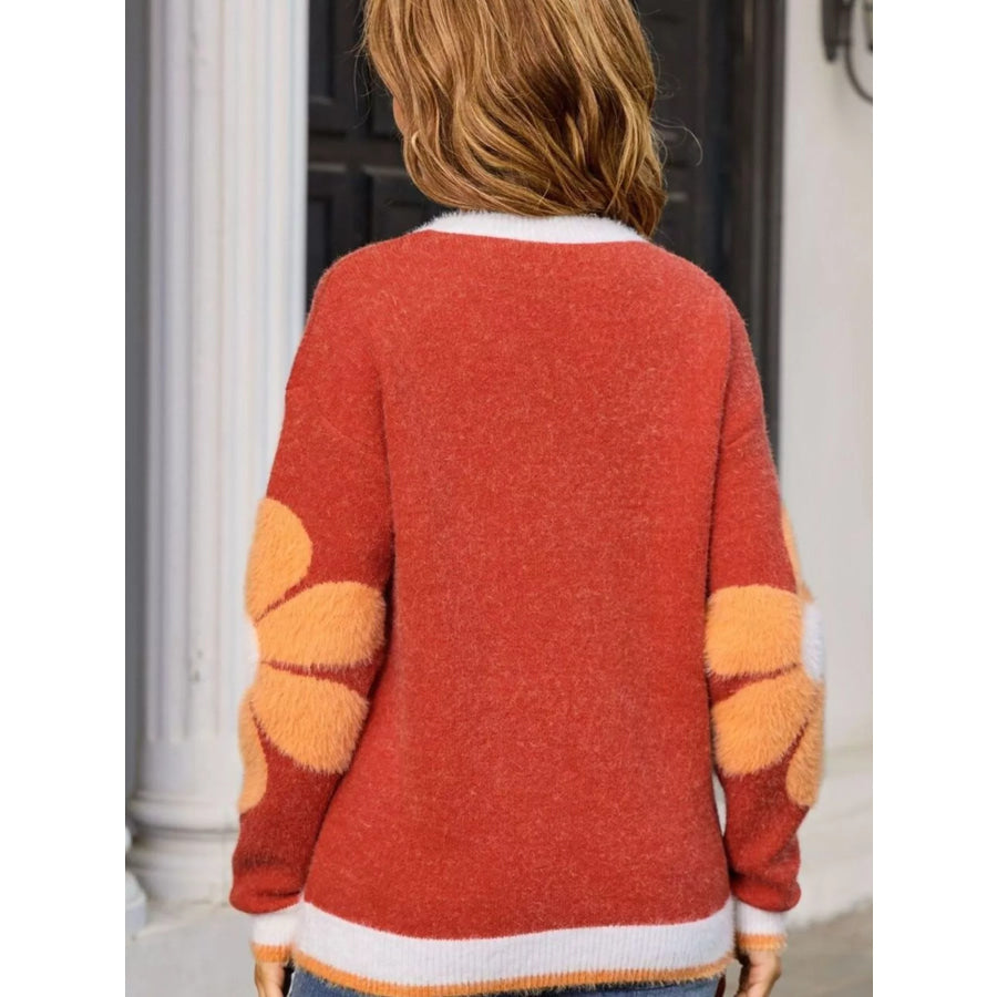 Flower Round Neck Sweater Apparel and Accessories