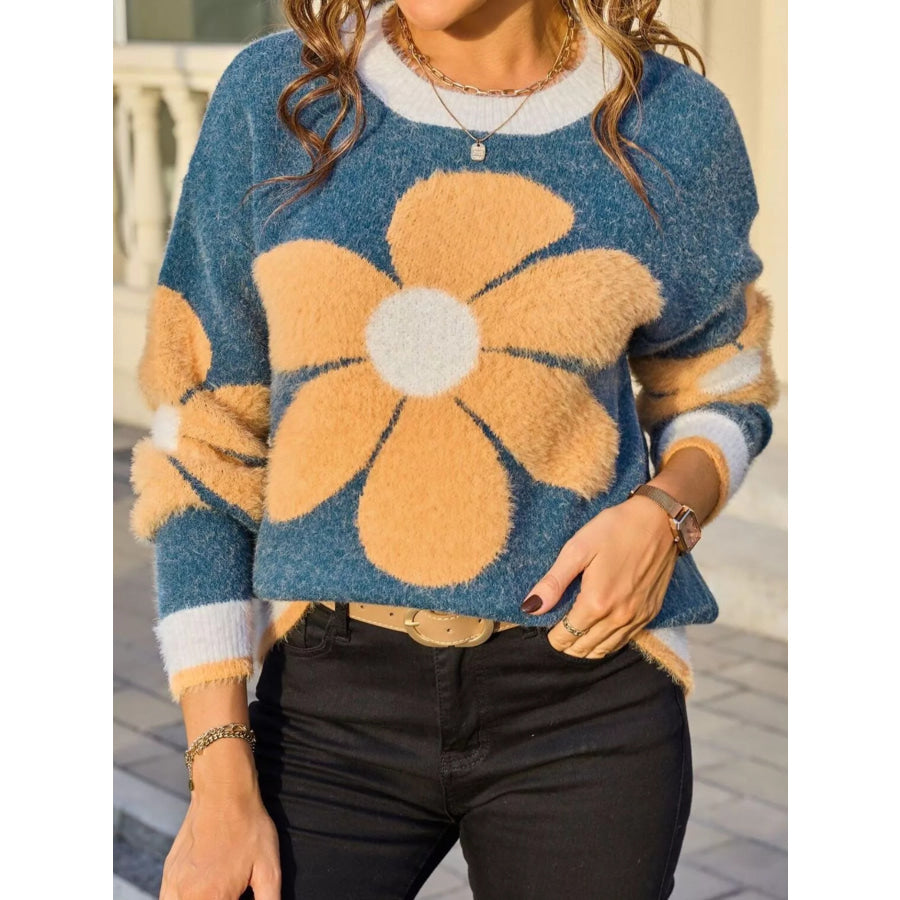 Flower Round Neck Sweater Apparel and Accessories