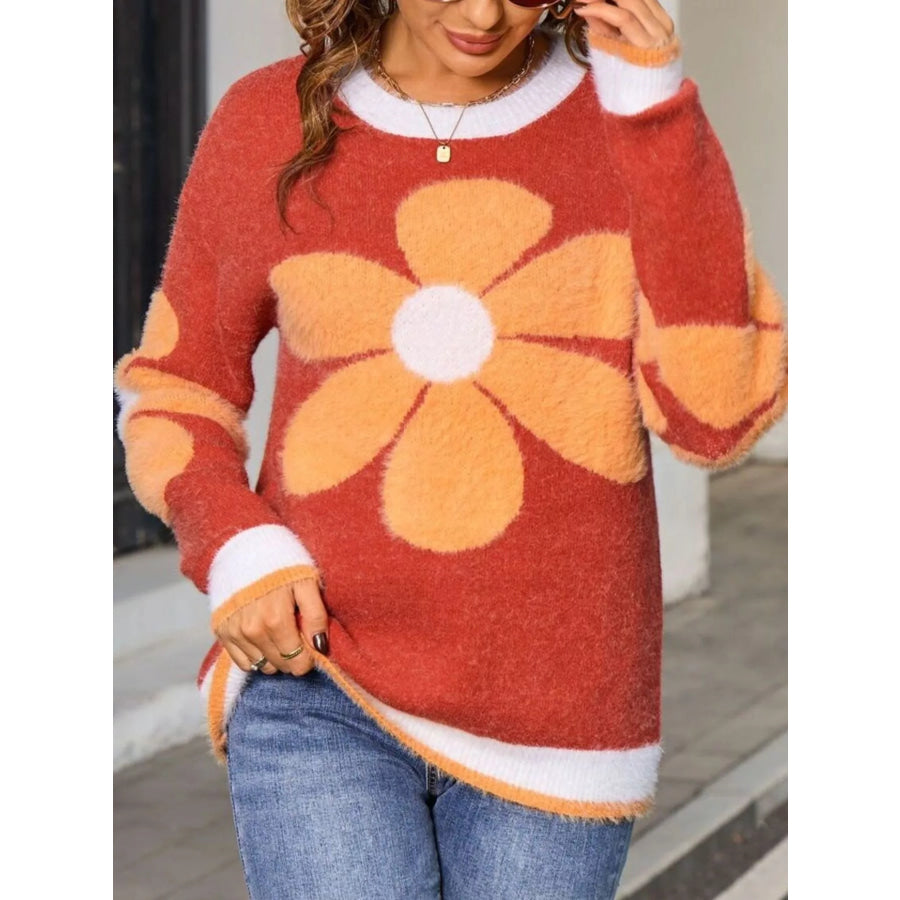 Flower Round Neck Sweater Apparel and Accessories