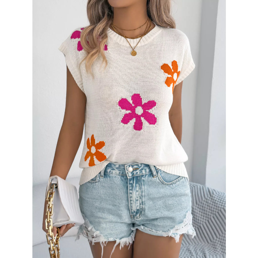 Flower Round Neck Sweater Apparel and Accessories