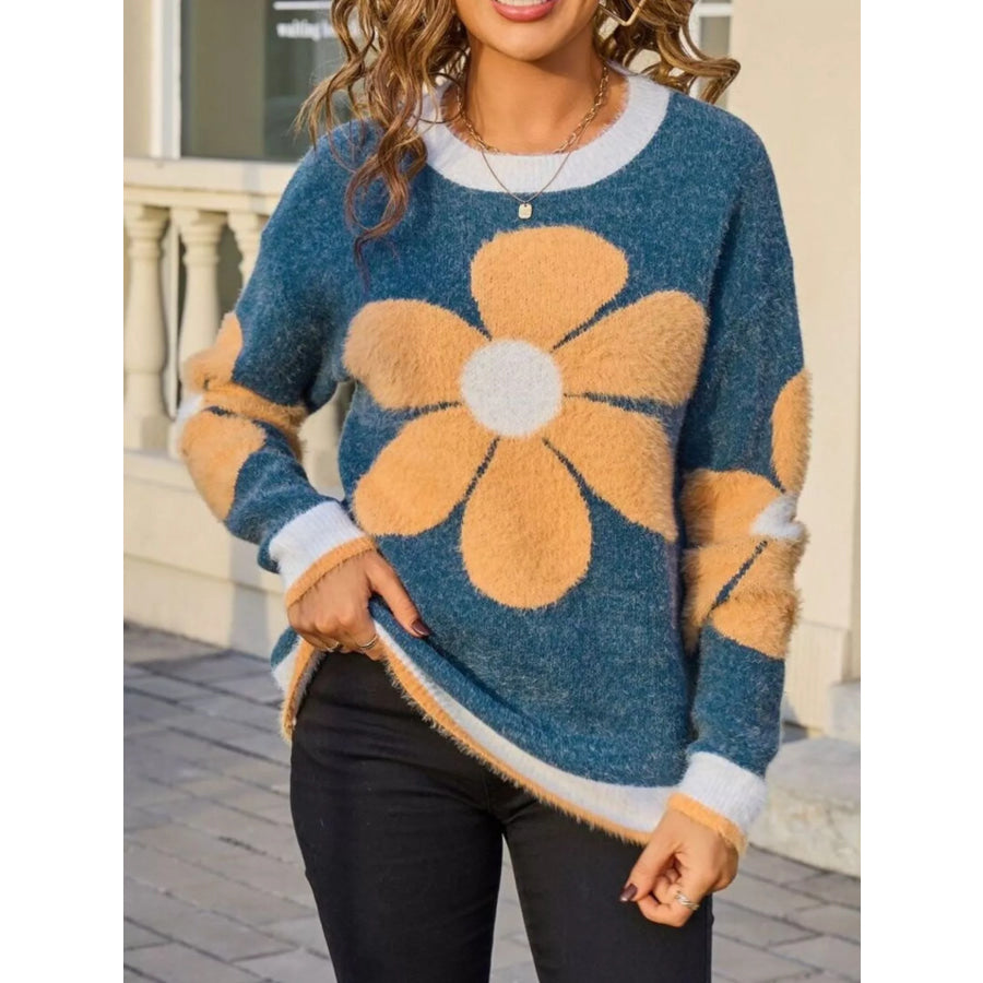 Flower Round Neck Sweater Blue / S Apparel and Accessories