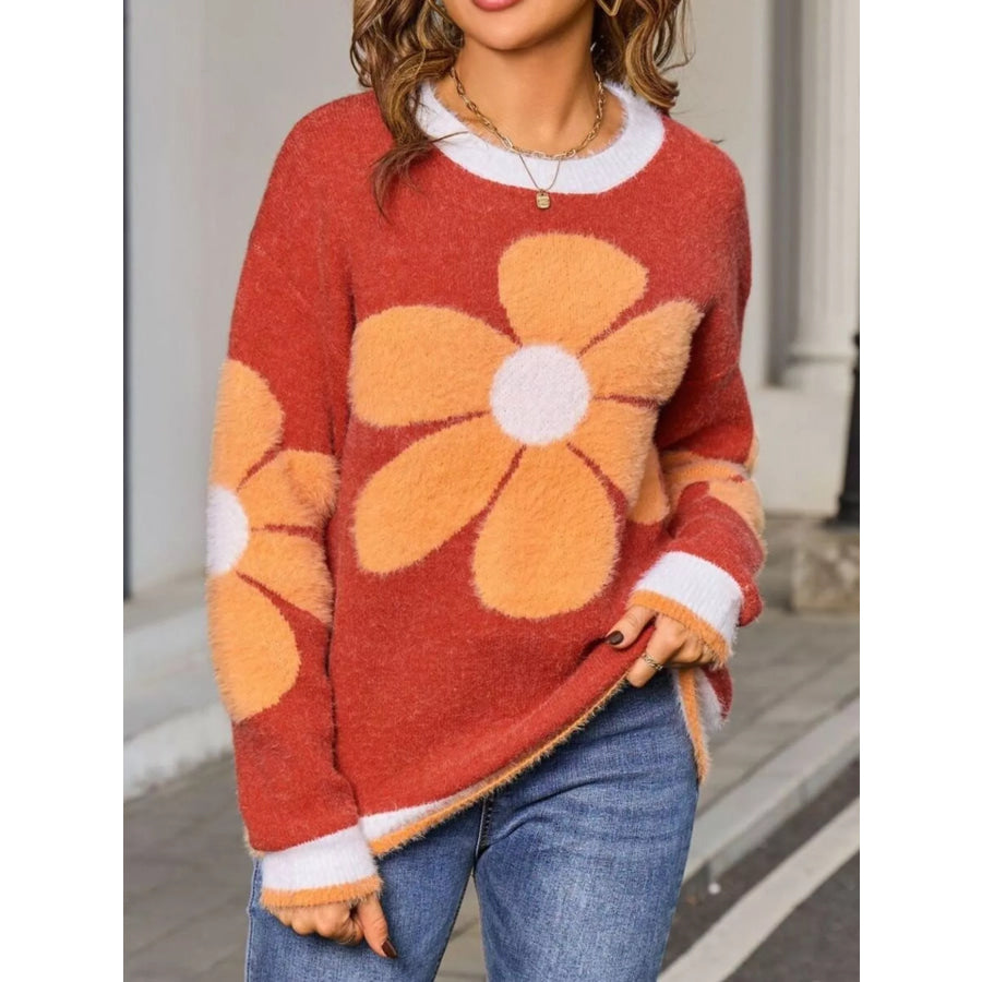 Flower Round Neck Sweater Orange / S Apparel and Accessories