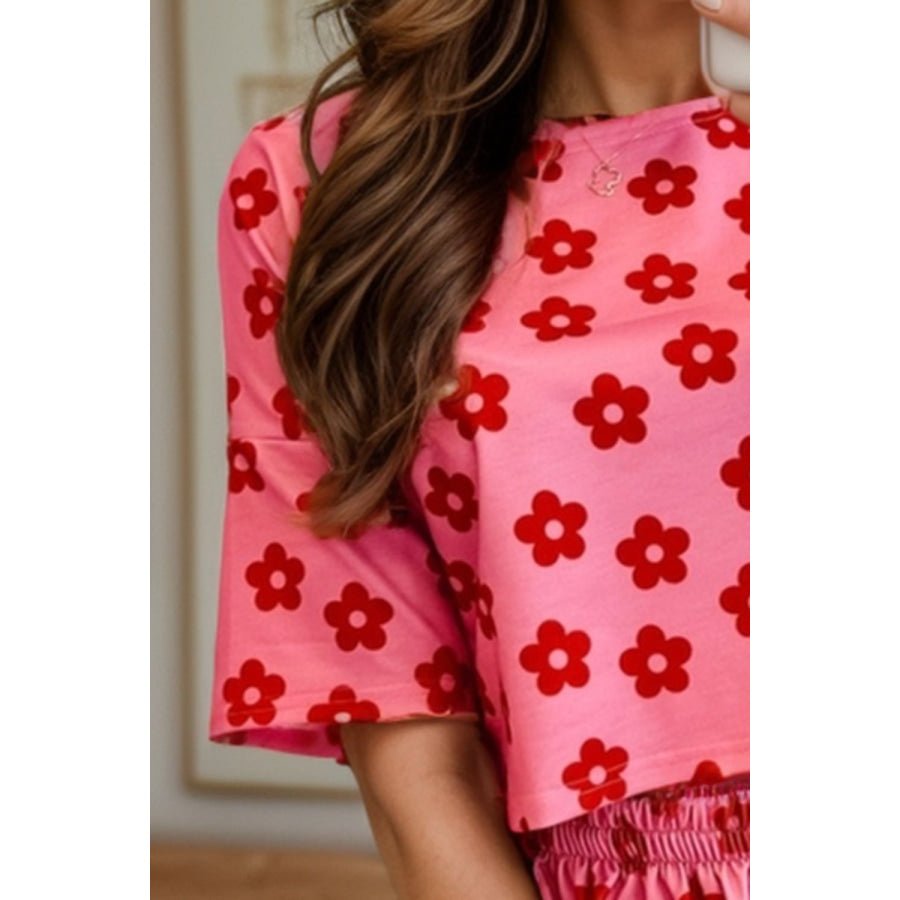 Flower Round Neck Top and Shorts Lounge Set Deep Rose / S Apparel and Accessories