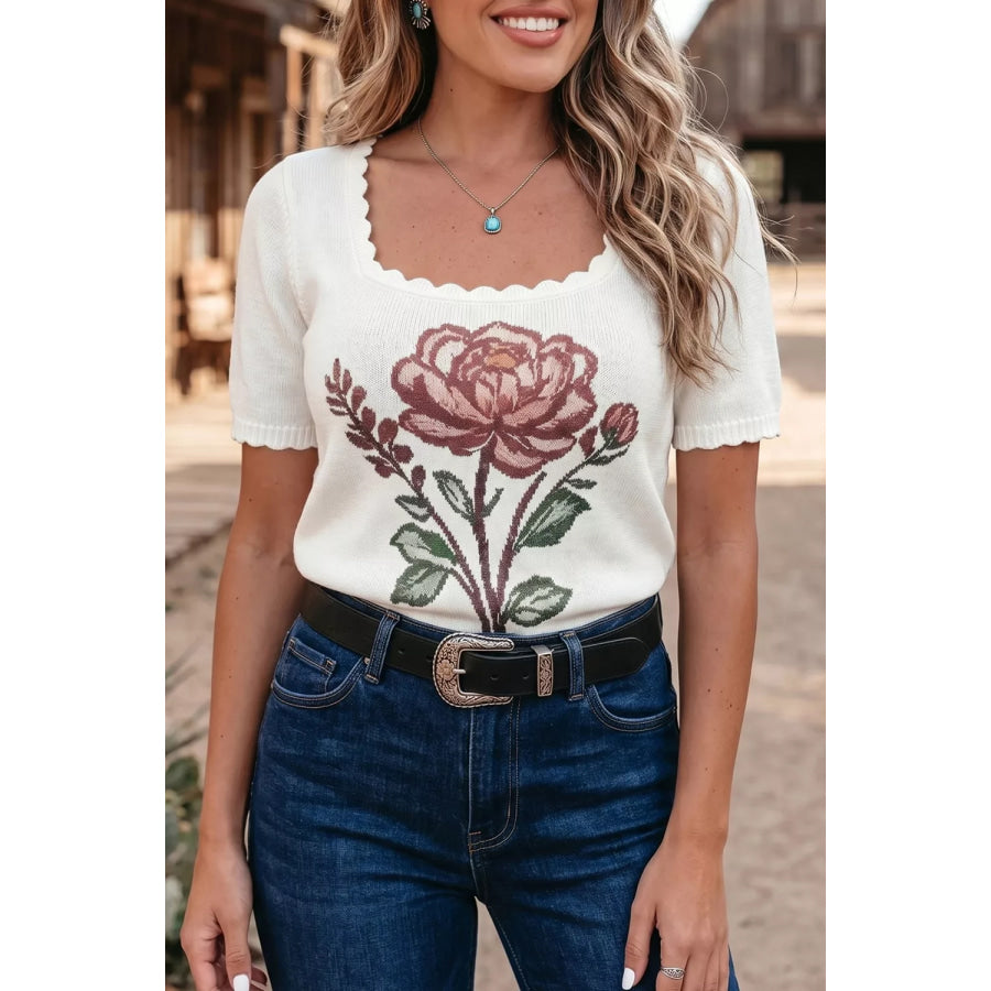 Flower Scalloped Hem Short Sleeve Knit Top Apparel and Accessories
