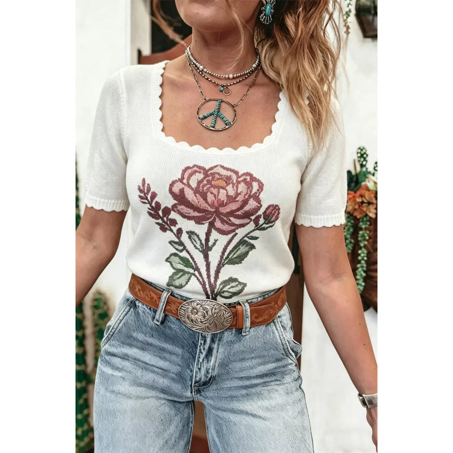 Flower Scalloped Hem Short Sleeve Knit Top Apparel and Accessories