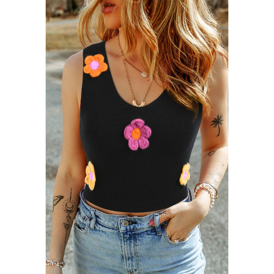 Flower Scoop Neck Knit Vest Black / S