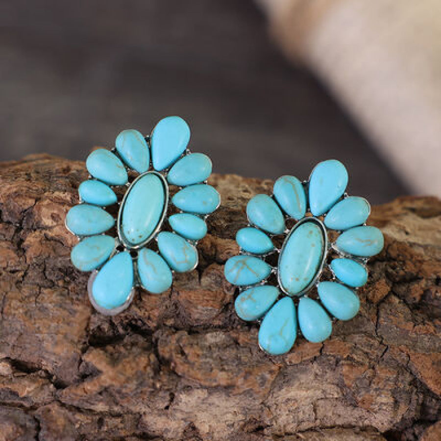 Flower Shape Artificial Turquoise Earrings Silver / One Size Apparel and Accessories