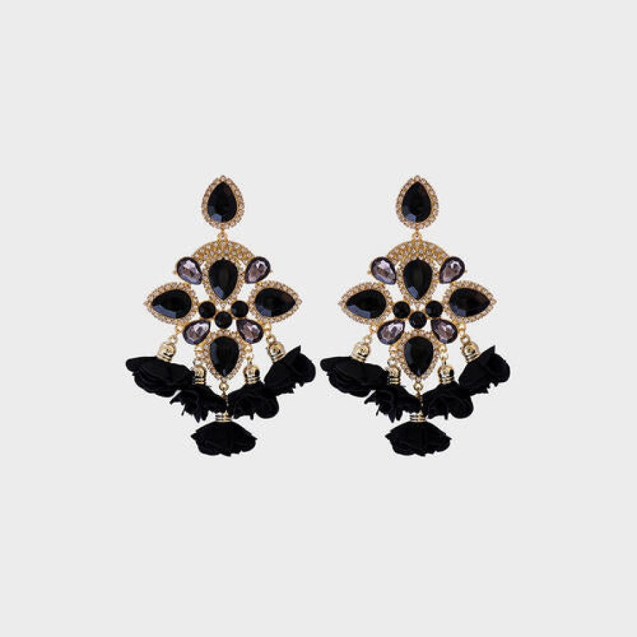 Flower Shape Rhinestone Alloy Dangle Earrings Black / One Size