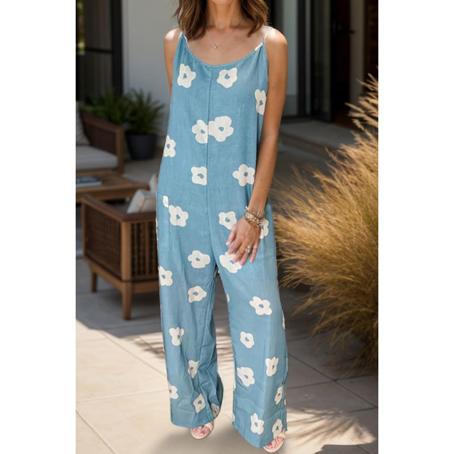 Flower Spaghetti Strap Wide Leg Jumpsuit Air Force Blue / S Apparel and Accessories