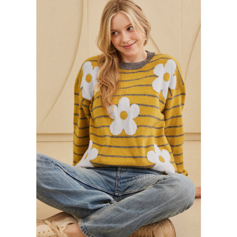 Flower Stripe Round Neck Long Sleeve Sweater Apparel and Accessories