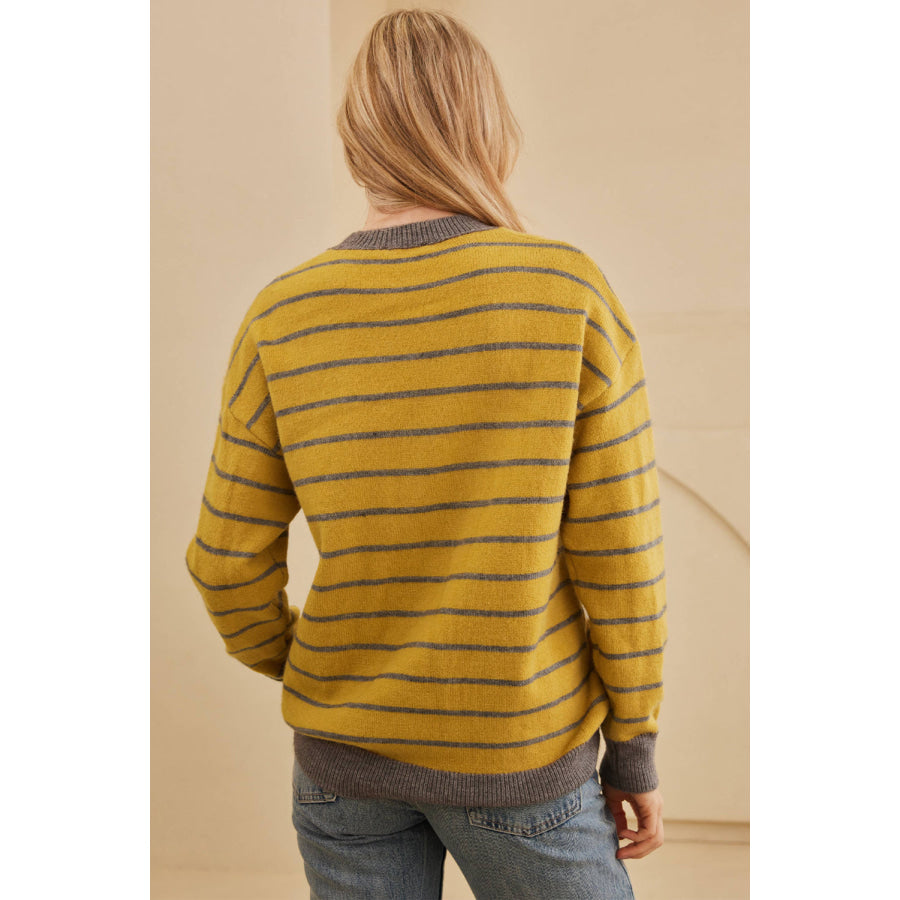 Flower Stripe Round Neck Long Sleeve Sweater Apparel and Accessories