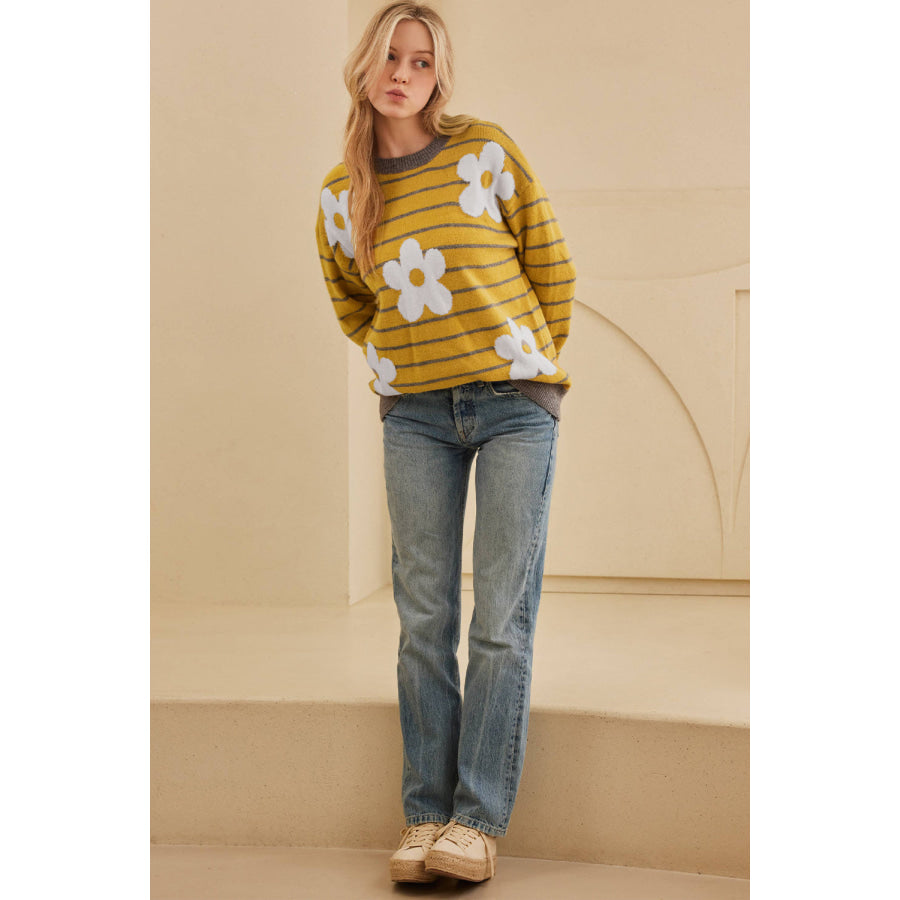 Flower Stripe Round Neck Long Sleeve Sweater Apparel and Accessories